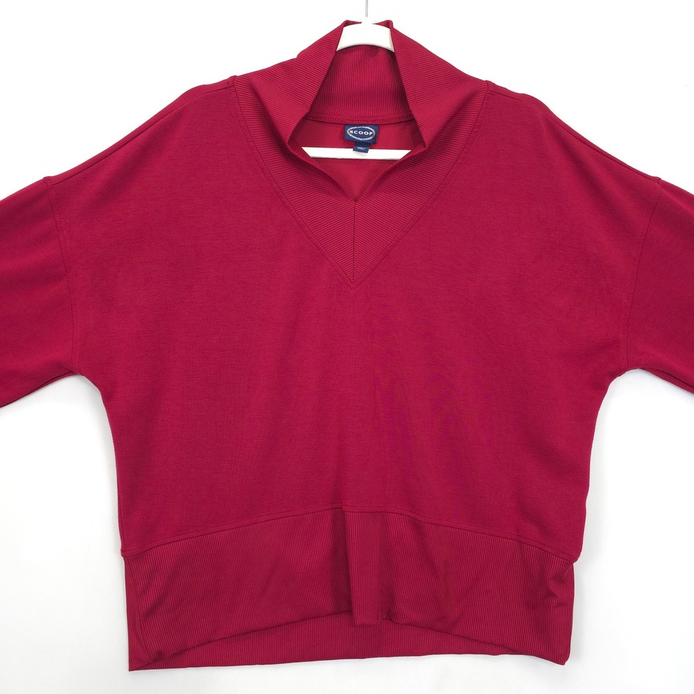 Scoop Sweatshirt Women L Red Mock Neck Long Sleeve Pullover Relaxed Fit Soft